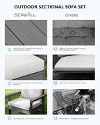 SERWALL HDPE Patio Furniture Set, 7-Piece Outdoor Sectional Sofa Set, All Weather Outdoor Couch Set for Deck, Lawn, Grey Frame with Khaki Cushion