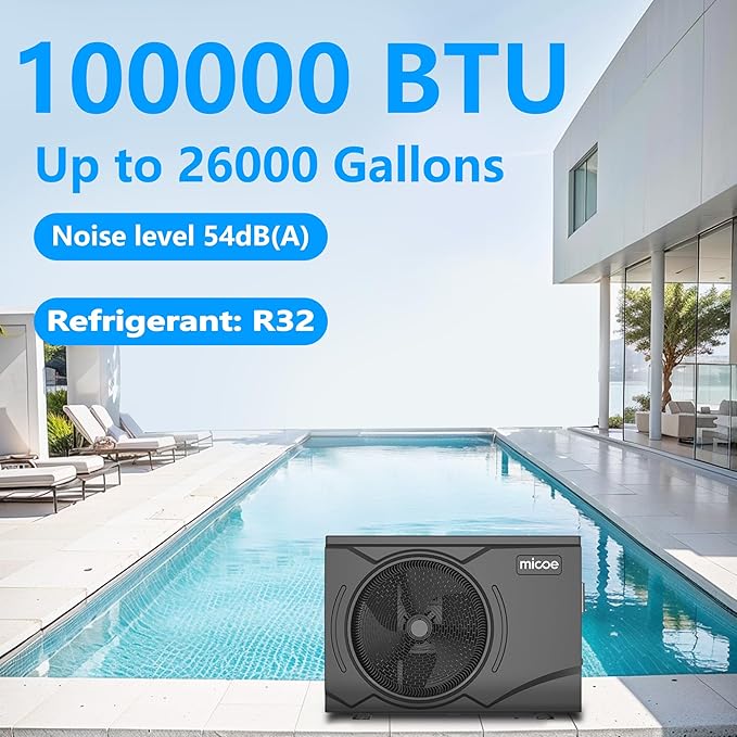 MICOE 100000 BTU Energy Efficient Electric Pool Heat Pump for Above Ground Pools Up to 36ft & 26,000 Gallons, Electric Swimming Pool Heat Pump with Large Heating Capacity