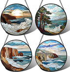 Stained Glass Window Hanging 4 Pcs Set Ocean Waves Large 15" - Blue and White Sea Suncatcher Door Garden Sun Catcher Decor Birthday Christmas for Mom Woman Nana Men