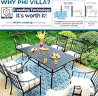 PHI VILLA 7 Pieces Outdoor Dining Set with Cushion for 6, 60” Rectangular Metal Dining Table with Umbrella Hole & Cushioned Iron Swivel Chairs Furniture Set for Patio, Deck, Yard
