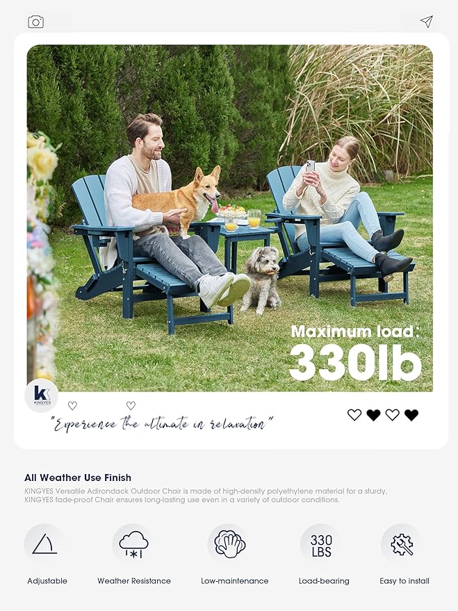 KINGYES Folding Adjustable Adirondack Chairs with Ottoman & 2 Cup Holders Set of 2, HDEP Multifunctional Adirondack Chair with Footrest, Blue
