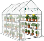 Outvita Walk-in Greenhouse, Outdoor Durable PE Plant Green House for Frost Protection with 3 Tiers 12 Shelves, Shelf Clips, Roll-up Zipper Door, 56"x85"x77" White