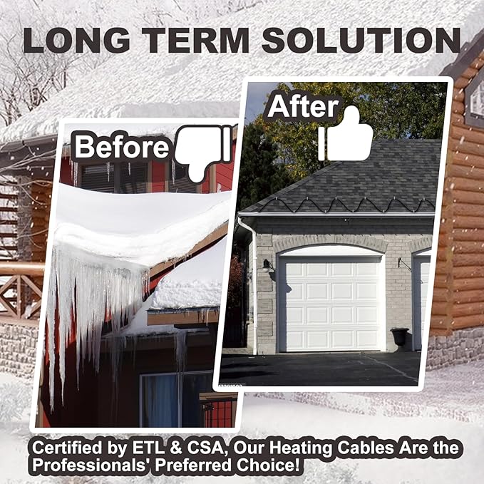TDRD 120 feet Roof & Gutter Snow De-Icing Kit, 5W/ft Heat Tape for Roof and Gutters Ice Dam Prevention with 6 ft Power Cold