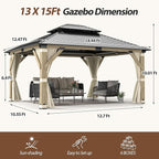 13'x15' Wood Gazebo,Cedar Wood Hardtop Gazebo with Netting and Curtains, Outdoor Wooden Frame Gazebos with Galvanized Steel Double Roof for Patio Garden Deck