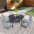 7 Pieces Round Dining Table Set for 6, Patio Dining Set Includes 6 Beige Blue Stackable Patio Chairs and 1 Black Round Table Set of 6, Patio Furniture Sets with Sling Support for Outside, Garden
