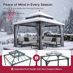 SUNJOY Kingston 12' x 12' Hardtop Gazebo with Galvanized Steel Double Roof, Curtain and Netting, Gray Aluminum Posts Permanent Pavilion Gazebo for Garden, Patio, Deck, Lawn