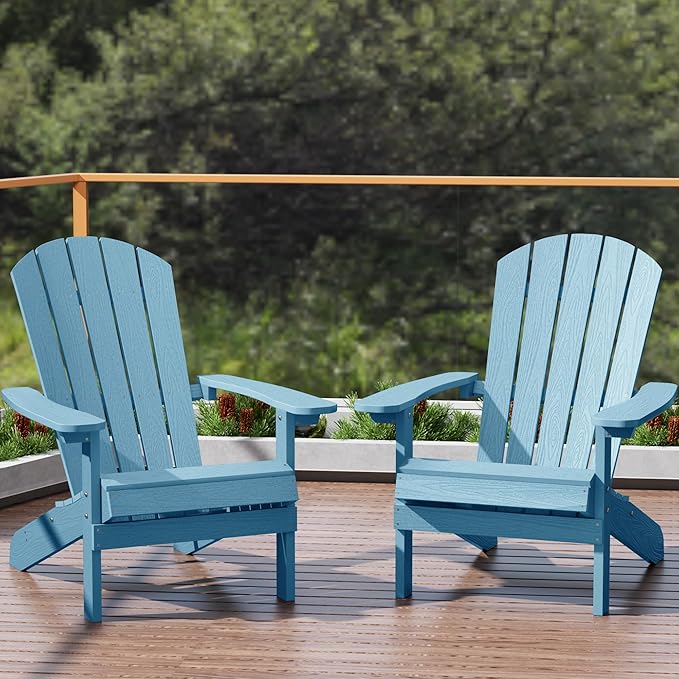 YEFU Adirondack Chairs Set of 2 Plastic Weather Resistant, Outdoor Chairs 5 Steps Easy Installation, Like Real Wood, Widely Used in Outdoor, Patio, Fire Pit, Deck, Outside, Campfire Chairs (Blue)