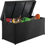 VINGLI Upgraded Version 132 Gallon Outdoor Storage Box, Patio Rattan Deck Box, Wicker Storage Bench for Indoor, Outdoor, Pool, Balcony, Yard, Garden, Black