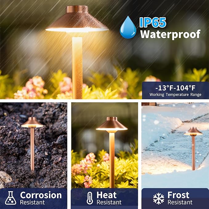 Gardenreet Low Voltage Landscape Lighting Brass, 12v Pathway Lights Waterproof, Hard Wired Path Light Outdoor, Mushroom Copper for Exterior Area Patio House with 3W 270LM 3000K G4 Bulb (6 Pack)