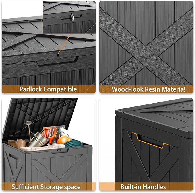 Vixzen 32 Gallon Resin Deck Box - Lockable Outdoor Storage for Patio Cushions, Garden Tools, Pool Supplies，Black