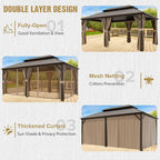 COOS BAY 12x18 Hardtop Gazebo with Aluminum Frame, Galvanized Steel Double Roof Outdoor Pavilion with Netting and Curtains, Dark Brown/Tan