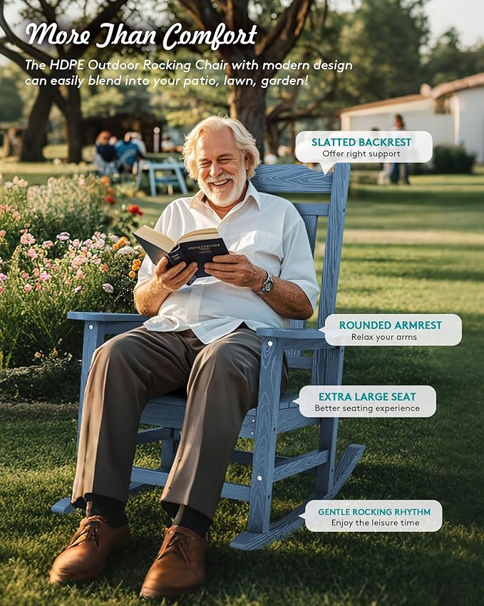 SERWALL Oversized Rocking Chair Set of 2 Outdoor, HDPE Outdoor Rocking Chair Set of 2, Blue