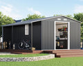 Jocisland 12x12x6.6 FT Galvanized Metal Storage Shed with Open Firewood Bay, Sliding Doors & Ramp, 2 Windows & Vents, Weather-Resistant Outdoor Tool/Garden Shed, Dark Grey/White