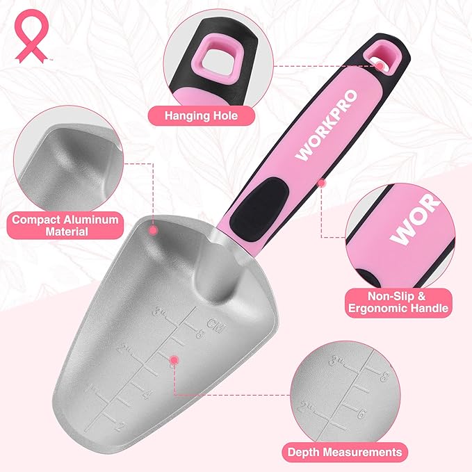 WORKPRO 5PCS Garden Tool Set, Powder Coating Compact Aluminum Gardening Tool Set with Repotting Mat, Outdoor Garden Hand Tools, Ideal Gardening Gift, Pink Ribbon