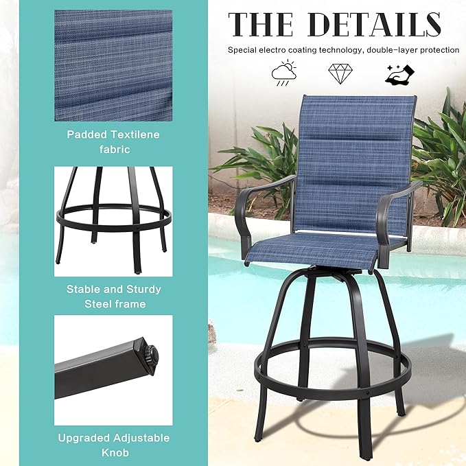 Vongrasig 4 Piece Outdoor Patio Swivel Bar Chairs, All Weather Padded Sling Textile High Top Bar Stools, Bistro Set for Backyard, Lawn Garden, Balcony, Padded Blue