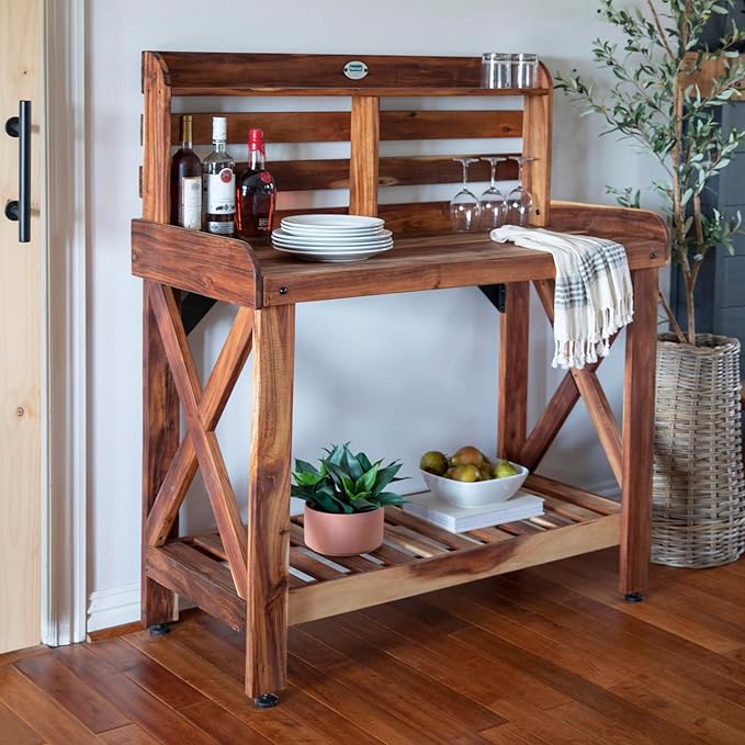 Backyard Discovery 47" Acacia Wood Garden Potting Bench & Serving Bar with Lower Storage Shelf, Leveling Feet, All-Weather Farmhouse Design for Patio, Deck, Porch, Kitchen, Dining Room