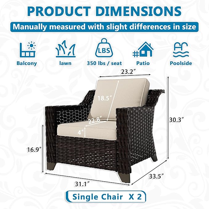 Vista Vibe 2 Pieces Outdoor Armchairs, Patio Conversation Furniture Set, Washable Cushions, Luxurious Hand-Woven PE Rattan, Garden, Bistro, Deck, Backyard (Brown/Beige)