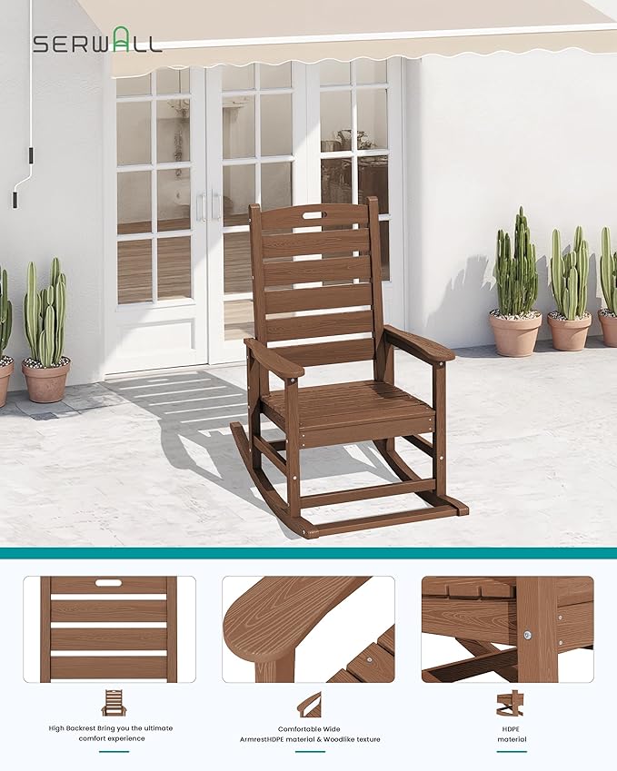 SERWALL Outdoor Rocking Chair, Oversized Rocking Chair with Footrest for Adults, HDPE All Weather Resistant Rocking Chairs for Patio, 350lbs Weight Capacity, Brown