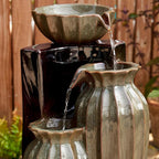 Glitzhome 26.75" H Ceramic Outdoor Water Fountain with LED Lights and Pump, Two Tone Olive Green and Brown Reactive Fluted Texture Cascading Waterfall Floor Standing Fountain for Porch Garden Patio