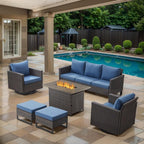 6 Piece Wicker Patio Furniture with Fire Pit Table - Outdoor Conversation Set with 50,000 BTU Fire Pit, All Weather Rattan Patio Set for Deck Backyard Garden - Brown Wicker Blue Cushion
