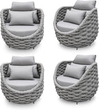 4 PCS Patio Deck Accent Chair: Large Woven Rope Chair Cushioned - Aluminum Modern Single Lounge Armchair Assembled - All Weather Outdoor Seating for 400lbs Lanai Balcony Porch Garden Hotel, Gray