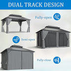 WKM 10x14 FT Hardtop Gazebo with Heavy Duty Galvanized Steel Double Roof, Aluminum Frame Permanent Pavilion with Curtains and Netting, Outside Canopy Gazebo for Patio, Deck and Backyard,Gray