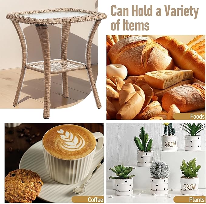 Outdoor Side Tables for Patio, Wicker/Rattan End Tables, Outdoor Wicker Side Table, Yellow Rattan Glass Top Patio Side Table