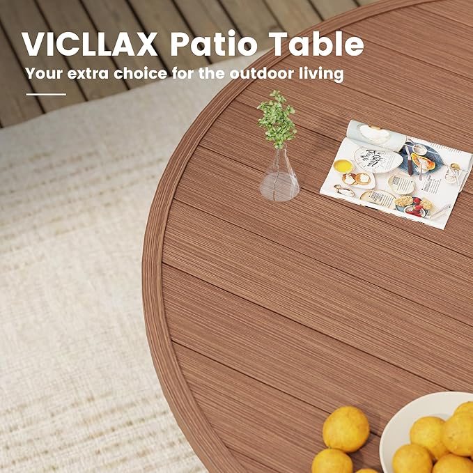 VICLLAX Outdoor Patio Round Dining Table, 53"x 53" Metal Slatted Round Tabletop with Adjustable Umbrella Hole for Deck Lawn Garden Backyard, Walnut