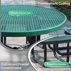 8-Person Picnic Tables for Outdoors, Industrial 46" Expanded Metal Round Picnic Table with 4 Benches & Umbrella Hole, Outside Table and Bench Set for Park, Garden, Backyard, Patio, Green