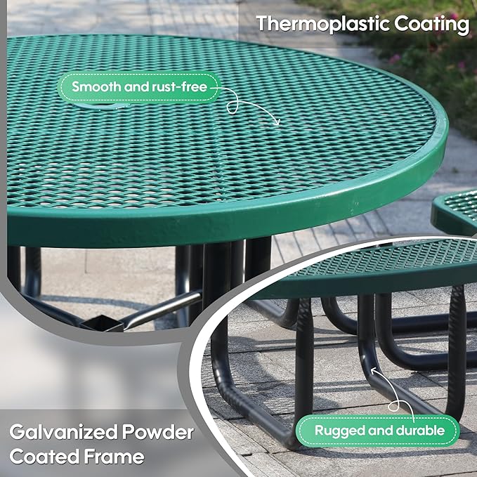 8-Person Picnic Tables for Outdoors, Industrial 46" Expanded Metal Round Picnic Table with 4 Benches & Umbrella Hole, Outside Table and Bench Set for Park, Garden, Backyard, Patio, Green