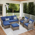 Patio Furniture Set, 6 Pieces Outdoor Wicker Rattan Sofa Couch with Rattan Chair, Side Table, Ottomans and Comfy Cushions, All Weather Patio Conversation Sets, Suit for Porch Deck Garden