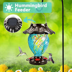 LUJII Solar Powered Hummingbird Feeder for Outside, Hand Blown Glass, 35 fl.oz, Never Leak, Waterproof, Metal Base Top, Lighted Lantern for Garden Decoration, Unique Gift for Bird Lovers, Teal