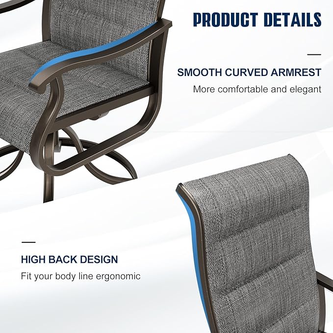 UDPATIO Patio Swivel Dining Chairs Set of 6, Outdoor Swivel Chairs High Back with All Weather Padded Textilene, Metal Rocking Frame for Lawn Garden, Dark Grey