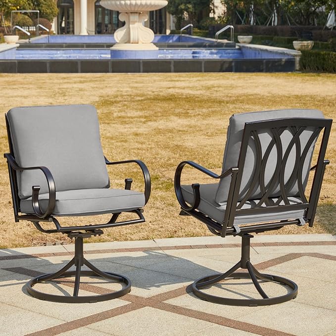 MELLCOM Patio Swivel Chair Set of 6, Heavy Duty Outdoor Dining Chairs with Thickened Cushions, Metal Patio Chairs Gentle Rocker for Outside, Garden Lawn & Porch, Backyard, Grey