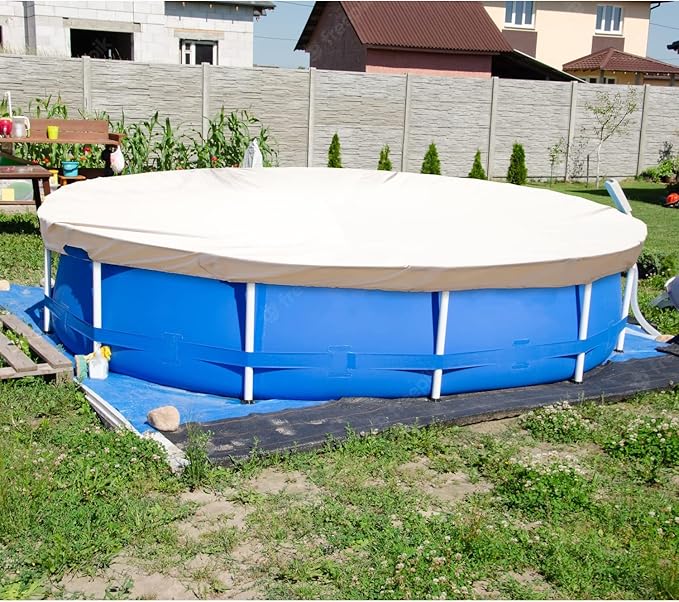 ECOOPTS 9 ft Waterproof Round Polyester Pool Cover for Above Ground Pools, Swimming Pool Cover Protector Winter Safety Cover (Beige)