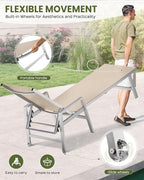 Patio Chaise Lounge Chair Outdoor with Wheels&Armrests, Aluminum Pool Lounge Chairs 5-Position Adjustable Recliner, Outdoor Beach Lounge Chairs for Poolside, Patio, Deck, Yard, Khaki