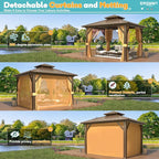 EROMMY 10' x 10' Hardtop Gazebo, Aluminum Frame Gazebos with Galvanized Steel Double Roof, Permanent Outdoor Metal Pavilion with Curtain and Netting for Patio, Lawn, Deck