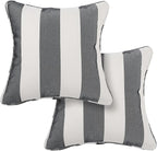 Outdoor Throw Pillow with Insert 18x18 Inch, Set of 2, Piping Edge Waterproof Fade Resistant Decorative Fluffy Pillows for Patio Furniture Chair Bench Couch Sofa - Black Ivory Striped
