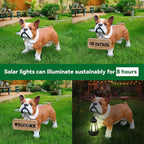 French Bulldog Outdoor Dog Statue with Reversible “Welcome/ON Patrol” Hanging Plaque and Solar Walkway Lantern, Brown & White Standing Yard Accent