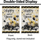 Heyfibro Happy New Year Truck Garden Flag 12x18 Inch Double Sided Black Gold Champagne Balloon Garden Flag Decorative Firework Yard Flags for Outside House Farmhouse Holiday Outdoor Decoration