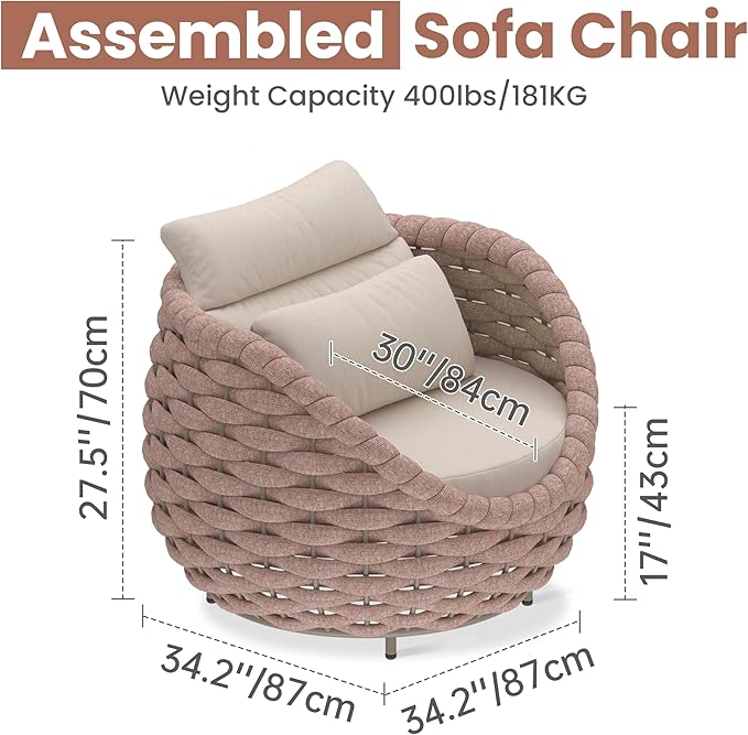 Outdoor Accent Chair: Aluminum Woven Rope Patio Chair Modern - Cushioned Single Chair Assembled - All Weather Deck Furniture for 400lbs Porch Lanai Pool Yard Balcony Garden Hotel, Terracotta
