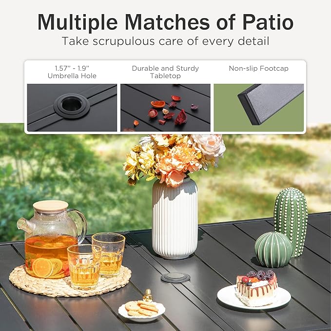 PHI VILLA 7 Piece Outdoor Dining Set with Umbrella, Patio Dining Set with Outdoor Table and Chairs Set, Ajustable Grey Folding Patio Chairs (No Assemble)