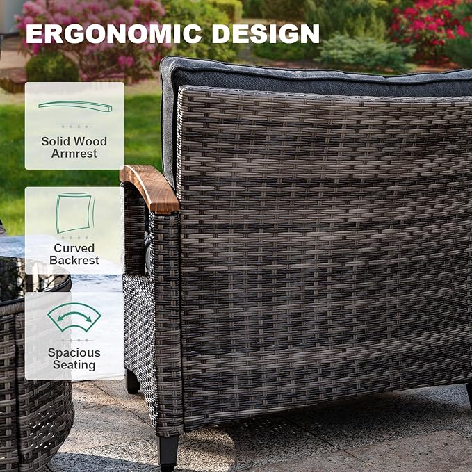 MEISSALIVVE 8 Piece Outdoor Patio Furniture Set, Half-Moon Curved Sectional Set with Wood Armrests, 2 Half-Moon Ottomans, Round Table (Grey)