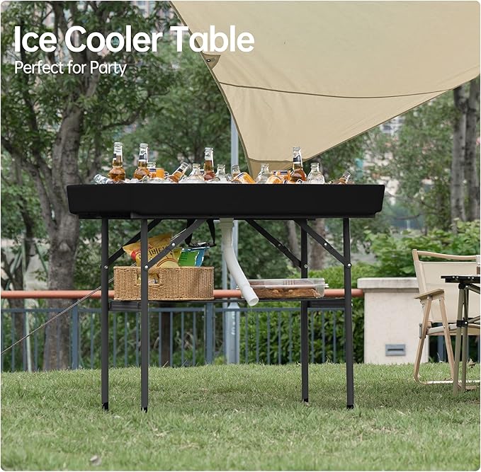 Outdoor Ice Cooler Folding Table, Portable Cooler Table with Removable Matching Skirt, Chill Table for Party BBQ Camping Wedding Black