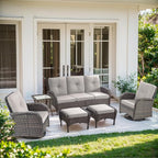 6 Piece Patio Furniture Set - Wicker Patio Conversation Set with Swivel Glider, 3-Seater Sofa, Tempered Glass Side Table and 2 Ottomans for Deck Backyard - Brown Wicker Beige Cushion