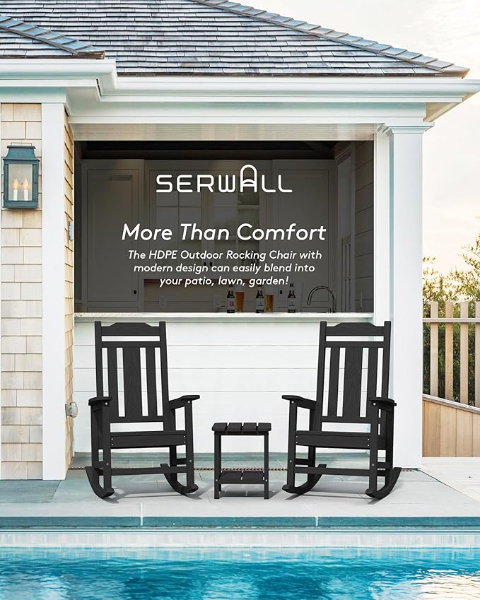 SERWALL Outdoor Rocking Chair, All Weather Patio Rocking Chair, HDPE Poly Rocking Chair for Adults, Heavy Duty Front Porch Rocker, Black