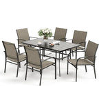 7 PCS Patio Dining Set for 6, Rectangular Metal Table with Umbrella Hole, 6 x Brown Dining Chairs, Outdoor Table and Chairs Set for Lawn Backyard and Deck