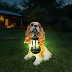 Sunny Cavalier King Charles Spaniel Solar Welcome Dog Statue, Hand-Painted Sitting Resin Puppy Figurine with Dual Signs and Lantern for Garden, Patio, and Front Porch Décor