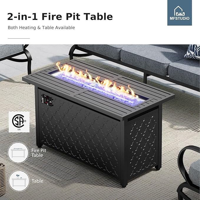 MFSTUDIO 8 Pieces Patio Furniture Sets with 45" Gas Fire Pit Table(Up to 9 Seat),Outdoor Metal Conversation Sofas with 1 x 3-Seat Sofa, 2 Single Chairs,2 Swivel Chairs and 2 Ottoman,Grey Cushion