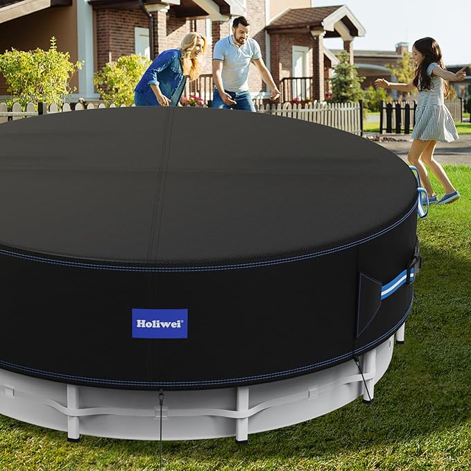 21 Ft Round Pool Cover with Reflective Strips, 420D Swimming Pool Cover for Above Ground Pools, Solar Cover with Drawstring and Ground Nails for Dustproof, UV Protected